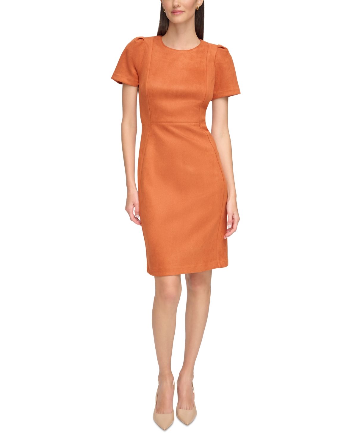 Calvin Klein Women's Dress Sz 6 Faux-Suede Short-Sleeve Sheath Orange