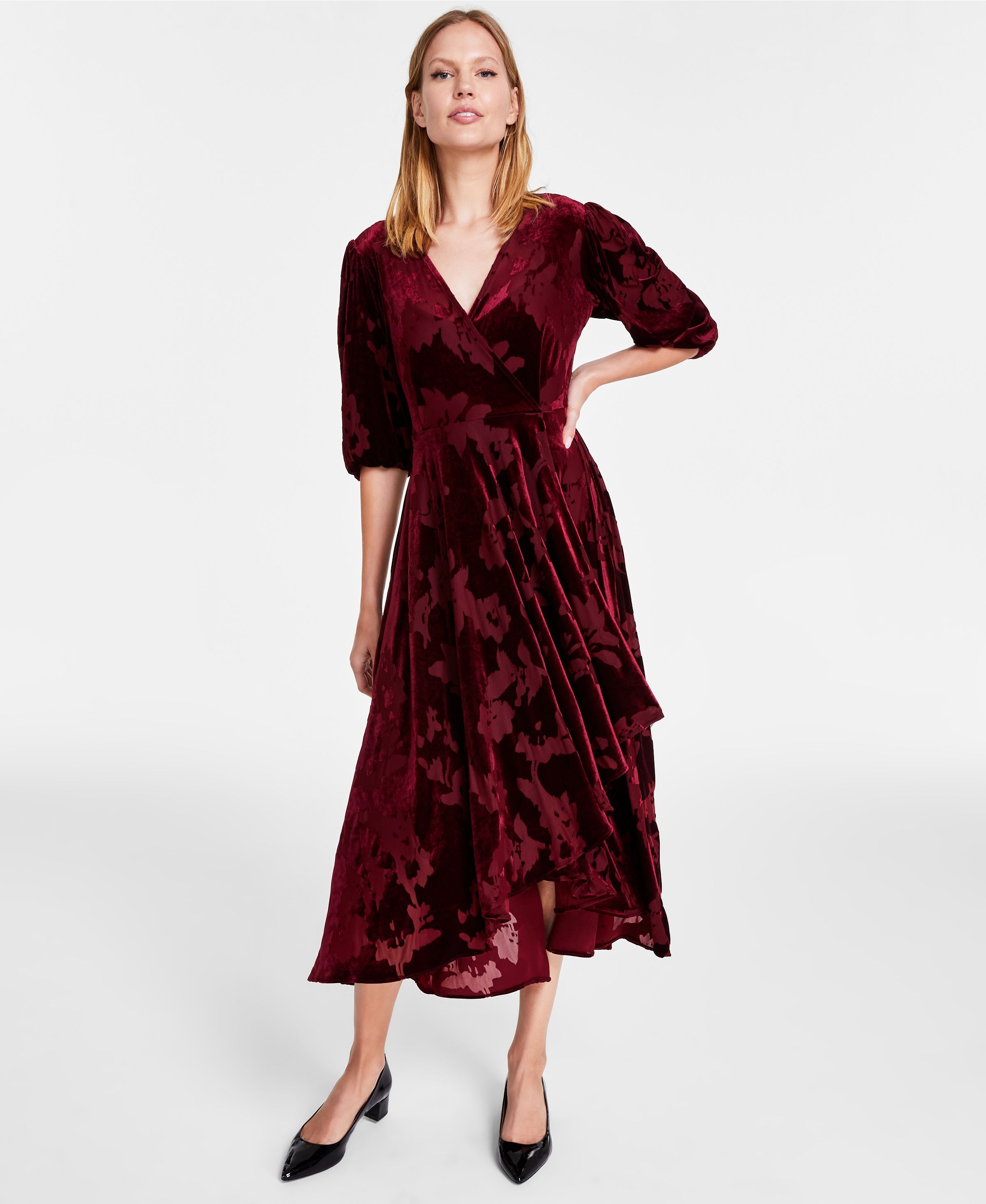 Calvin Klein Women's Petite Dress 2P Velvet Burnout Faux-Wrap Red