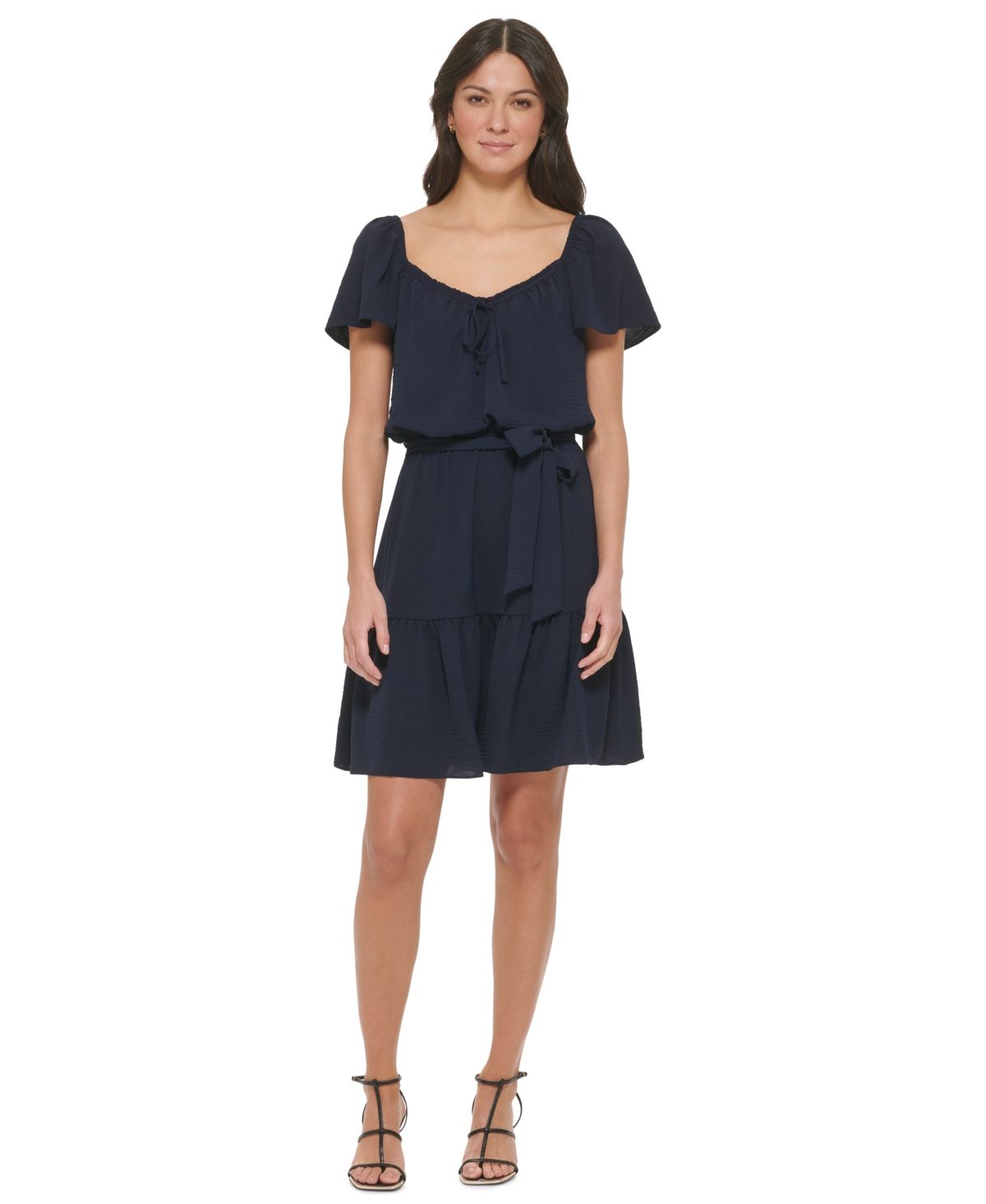 DKNY Women's Dress Sz 12 Flutter-Sleeve Sweetheart-Neck Blue
