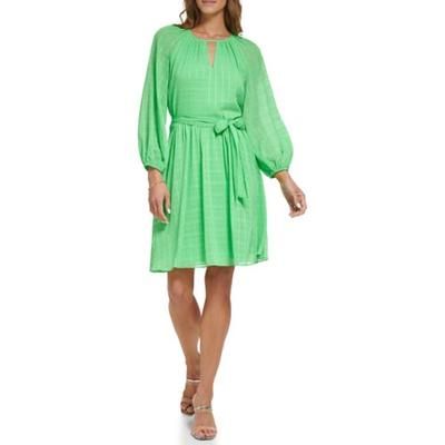 DKNY Women's Dress Sz 4 Keyhole-Neck Balloon-Sleeve Belted Green