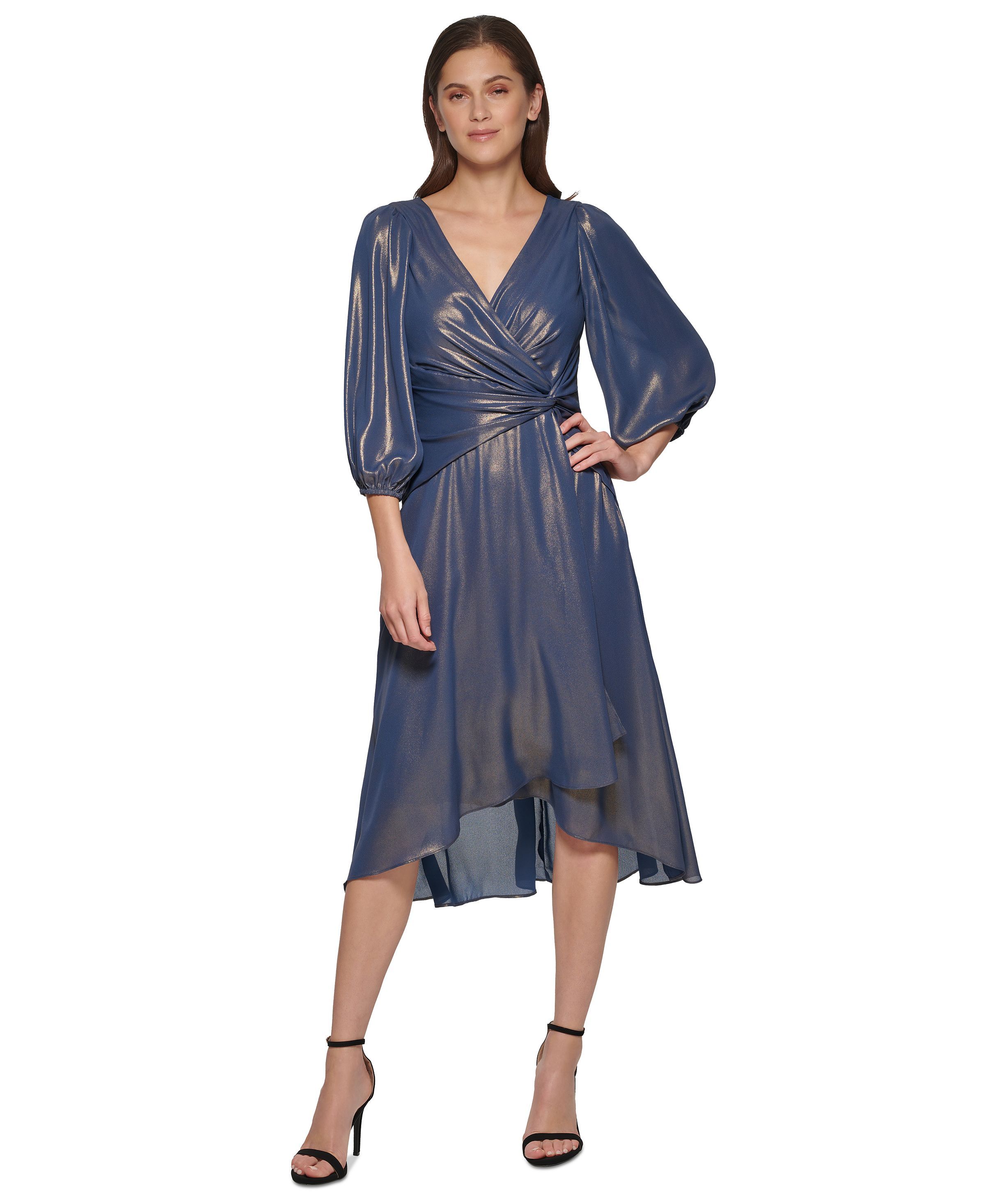 DKNY Women's Dress Sz 16 Iridescent Twisted Balloon-Sleeve Blue