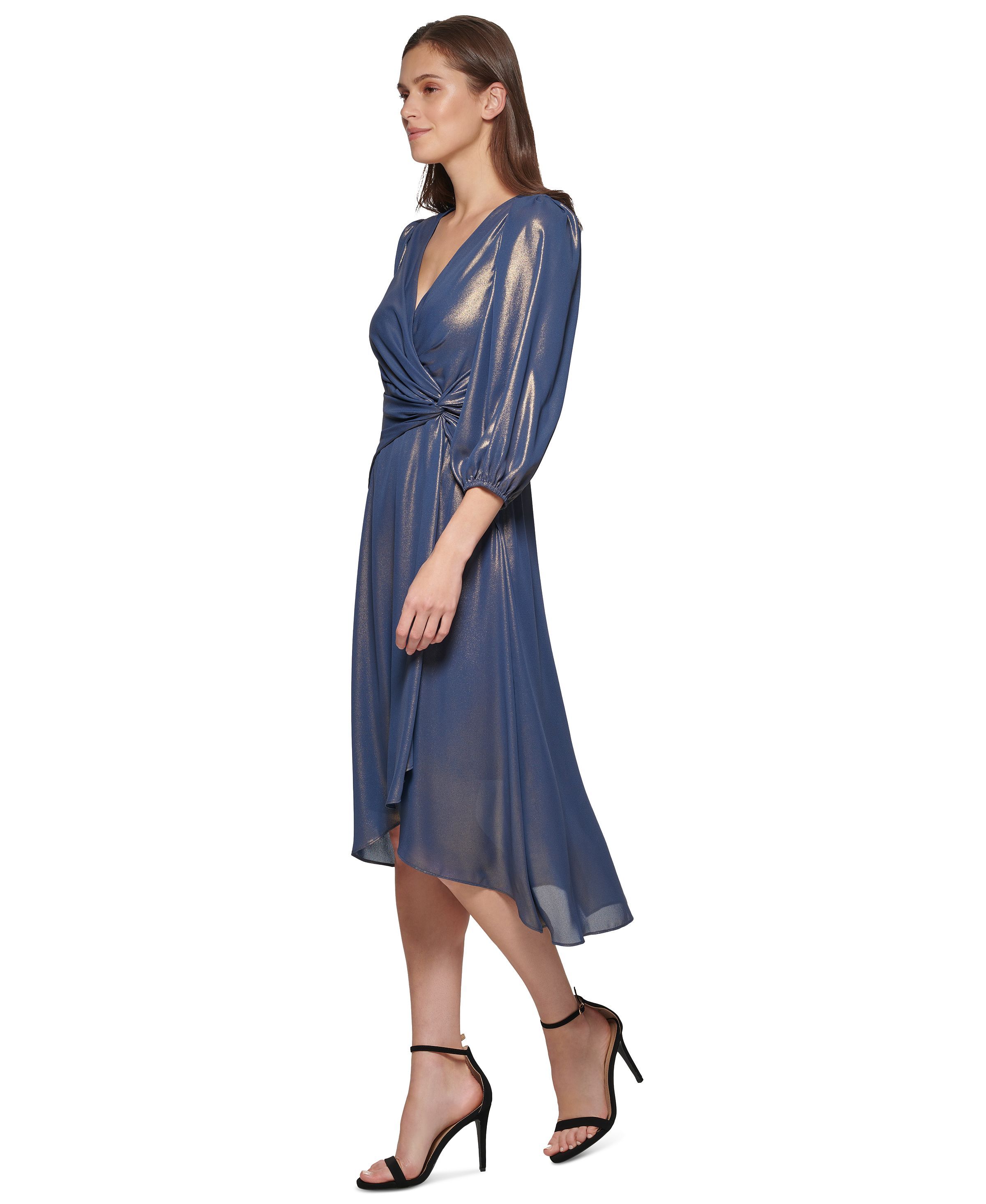 DKNY Women's Dress Sz 16 Iridescent Twisted Balloon-Sleeve Blue