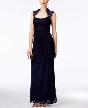 Xscape Women's Dress Sz 16 Stand-Collar Illusion Back Gown Blue