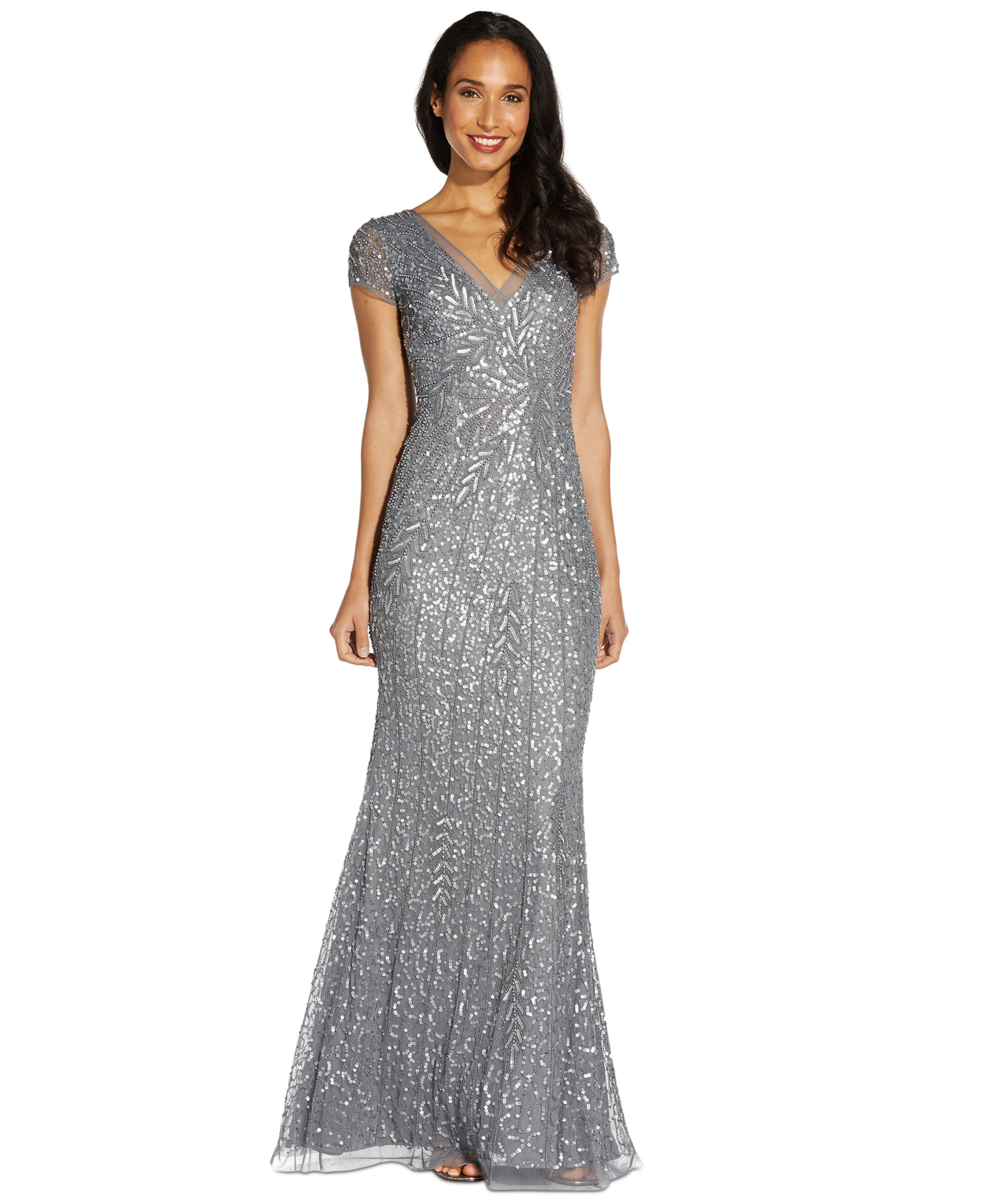 Adrianna Papell Women's Dress Sz 6 Beaded Sequin Mermaid Gown Gray