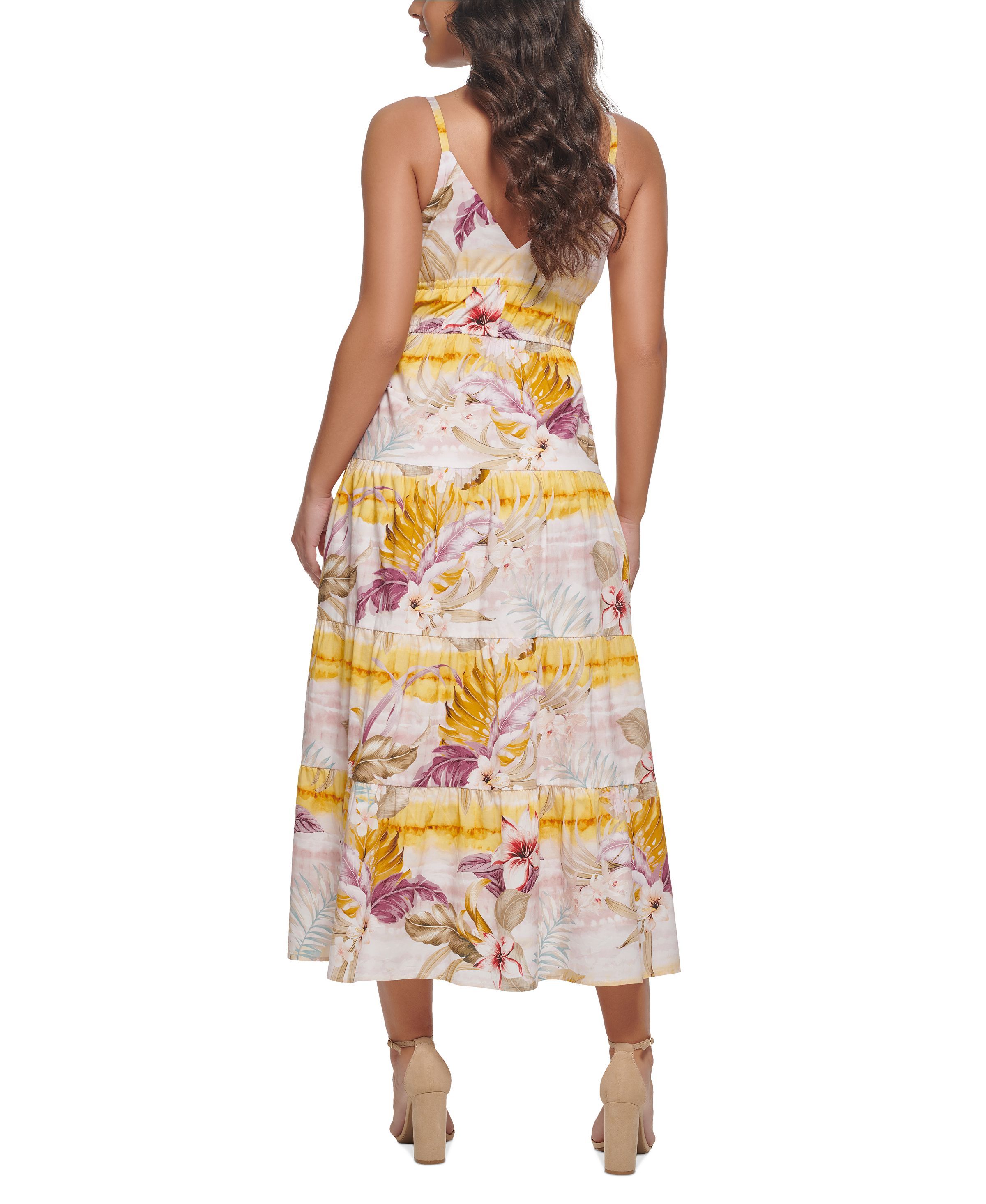 Guess Women's Dress Sz 2 Tropical-Print Plunge-Neck Maxi Yellow