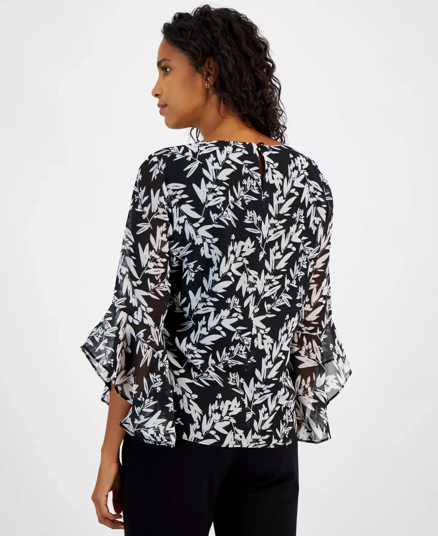 Kasper Women's Top Petite PL Printed Crewneck Bell-Sleeve Blouse,