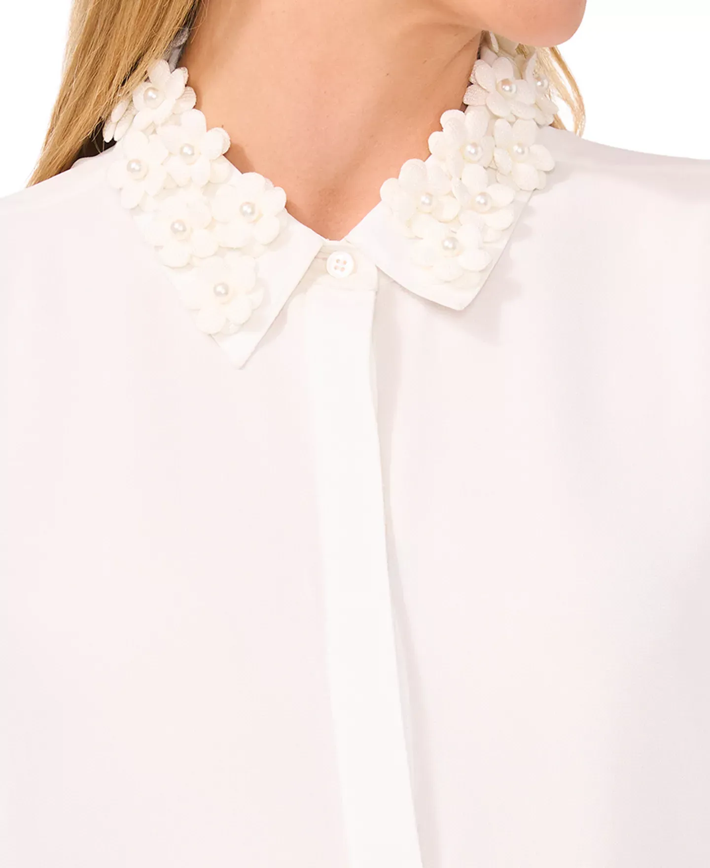 CeCe Women's Top Sz M Floral-Appliqué Collared Long-Sleeve Blouse