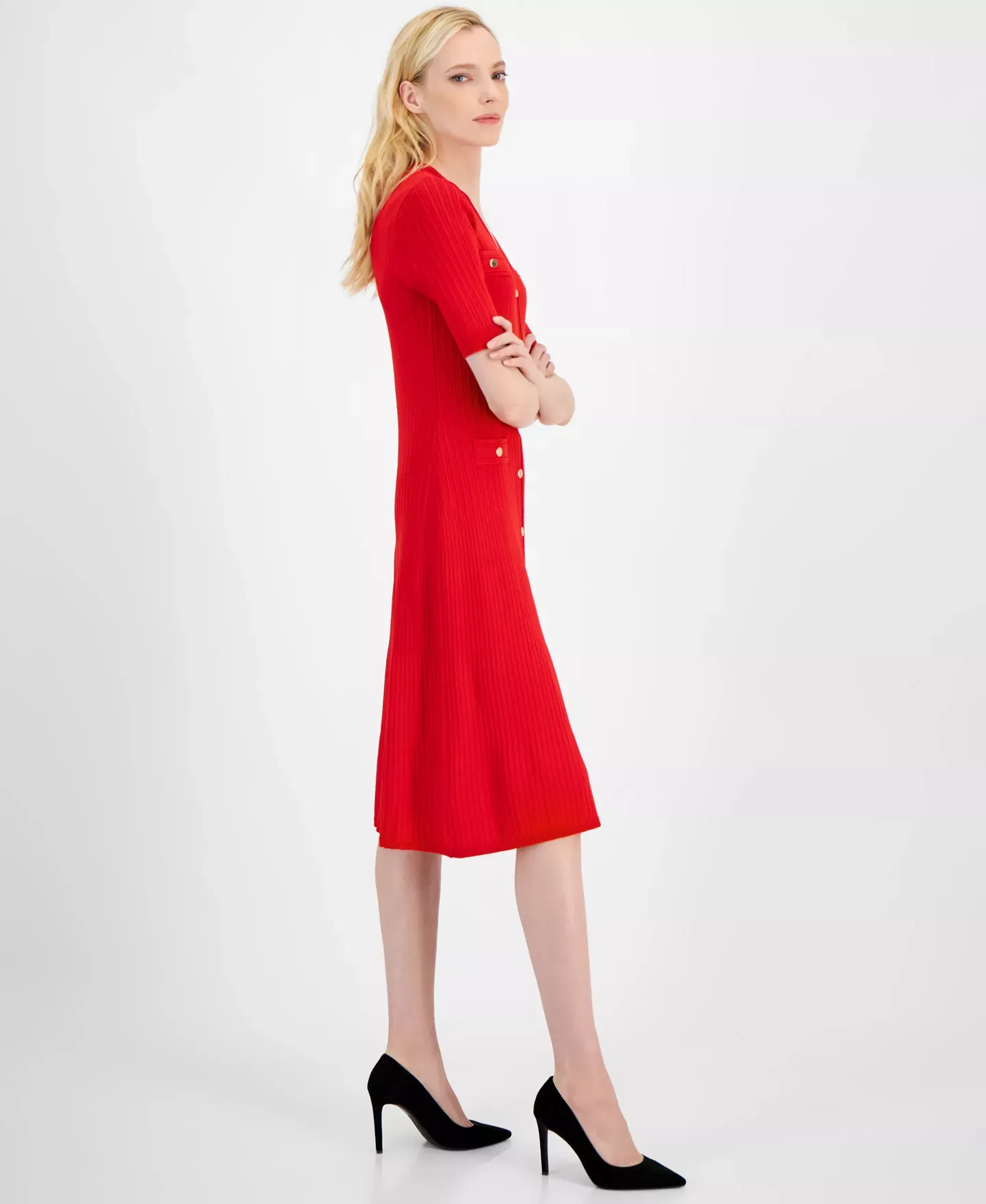 Anne Klein Women's Dress Sz L Ribbed Button-Front A-Line