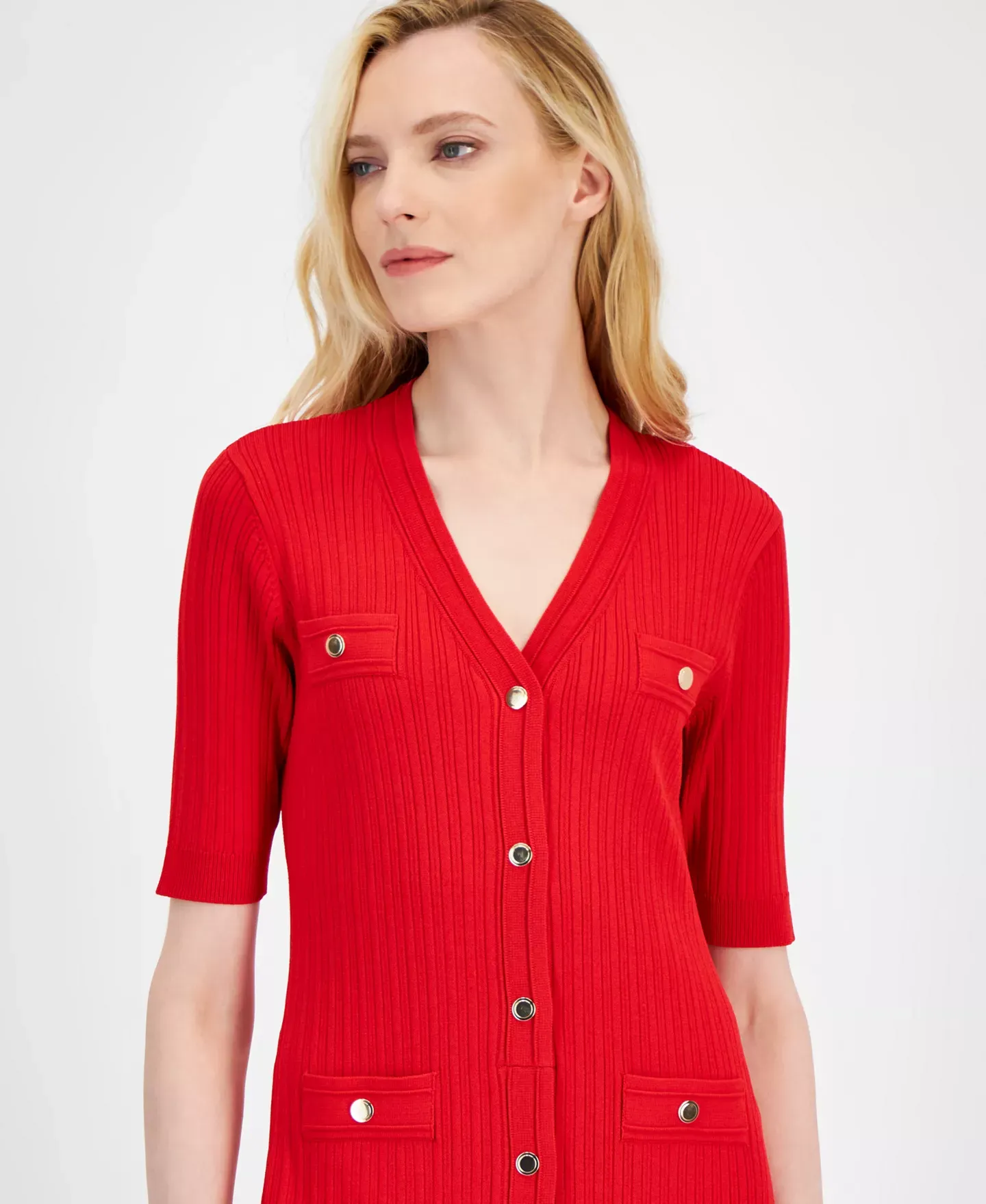 Anne Klein Women's Dress Sz L Ribbed Button-Front A-Line